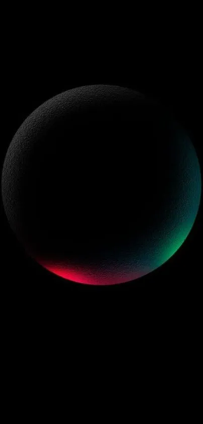 Dark sphere wallpaper with neon glow against black background.