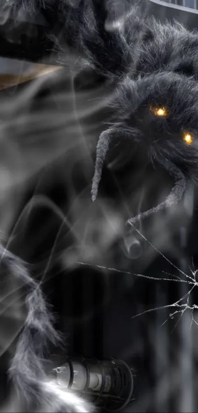 Eerie spider with glowing eyes in a dark fantasy wallpaper.