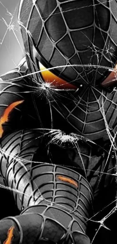 Dark hero wallpaper with orange eyes and webbed design.