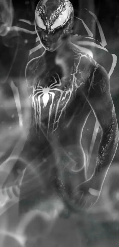 Dark-themed superhero with spider emblem.