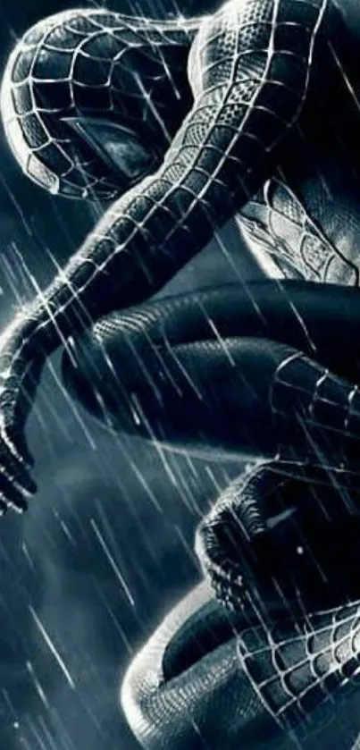 Spider-Man in dark suit sitting in rain, reflecting moodiness and strength.