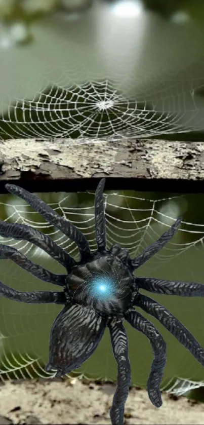 A dark spider resting on a web in a shadowy, green environment.