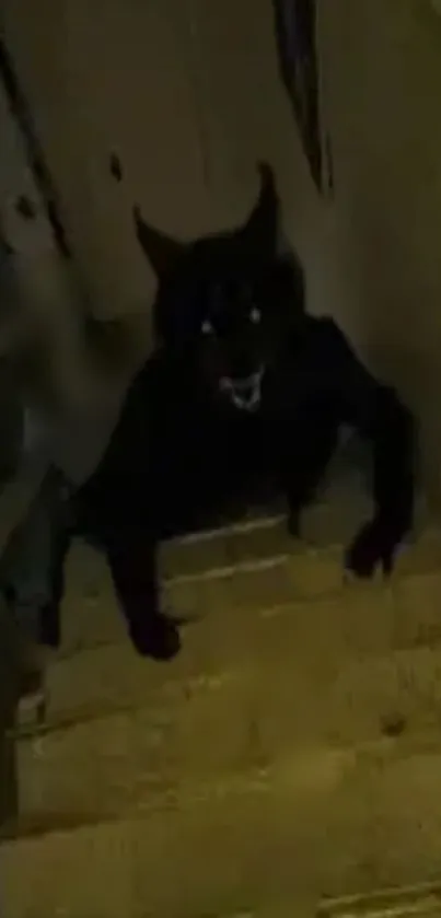 Dark creature on staircase in eerie wallpaper.