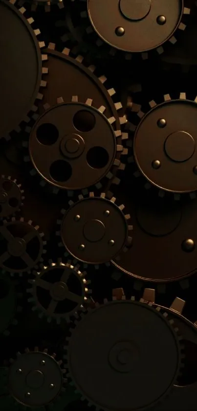 Intricate steampunk gears on a dark background in this mobile wallpaper.