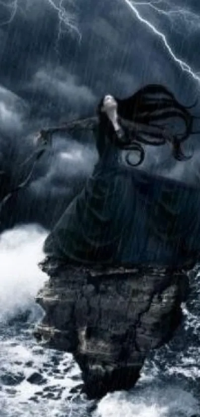 Dark fantasy woman on rock amidst stormy ocean waves.