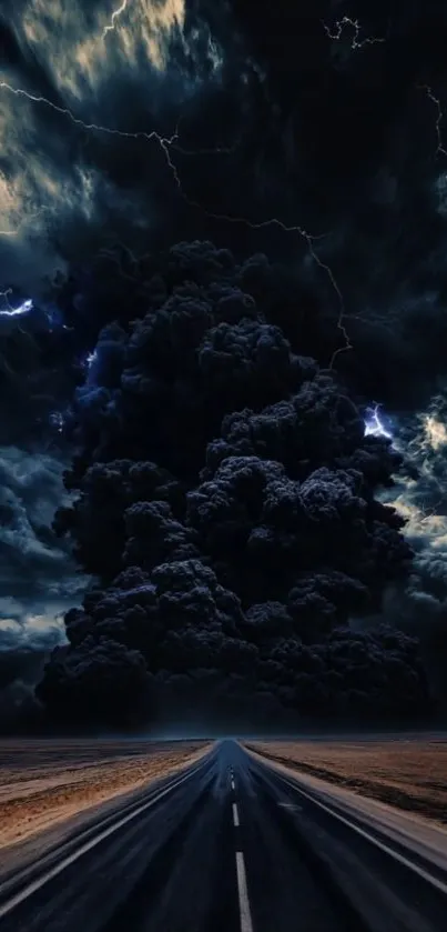 A dark stormy sky with lightning over a deserted road.