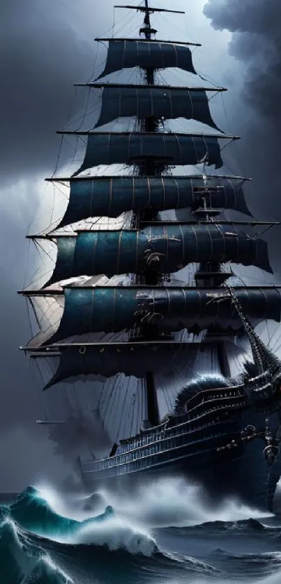 Majestic ship on stormy seas with dramatic lighting, perfect for a mobile wallpaper.