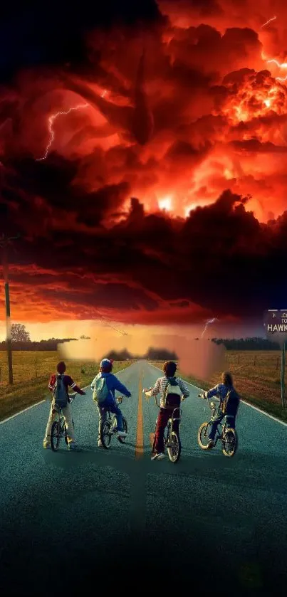 Four children biking under a dramatic stormy red sky.