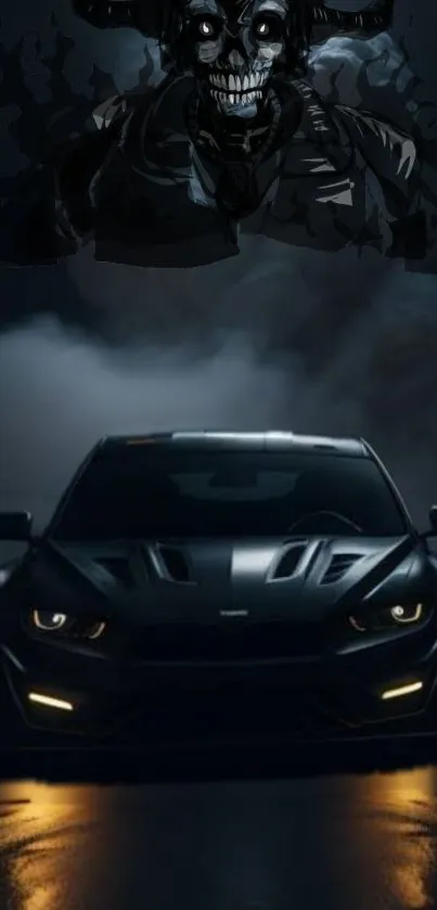 Dark supercar with skull design, misty background.