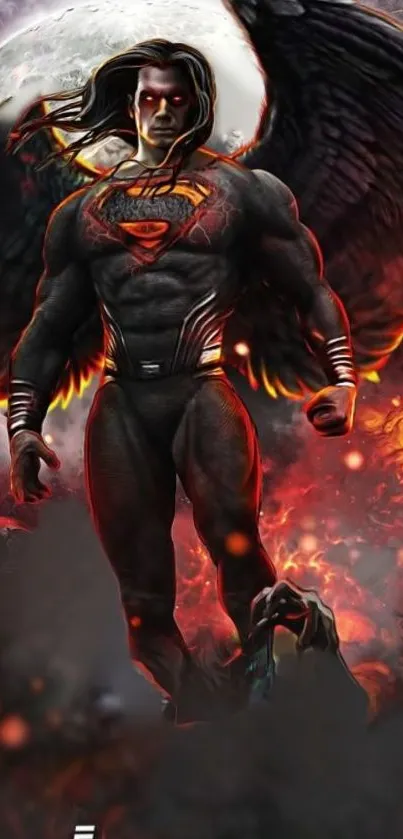 Dark superhero angel with wings and a dramatic fiery background.