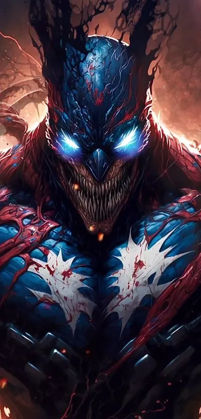 Dark and intense superhero with glowing eyes and vivid detailing on a mobile wallpaper.