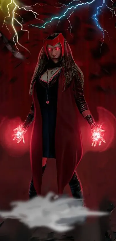 Mystical superhero surrounded by lightning and a red aura.