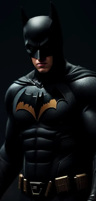 Dark superhero stands imposing against a black background, appearing powerful and mysterious.
