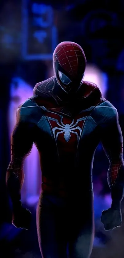 Dark superhero in urban backdrop with neon highlights on mobile wallpaper.