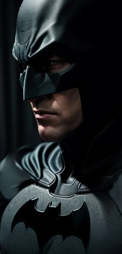 Dark superhero in mask, side profile.