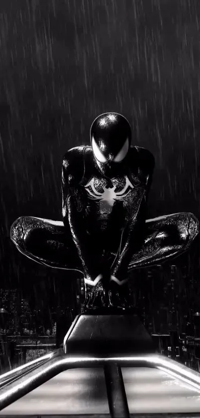 Dark-suited superhero perched in rain on city rooftop.