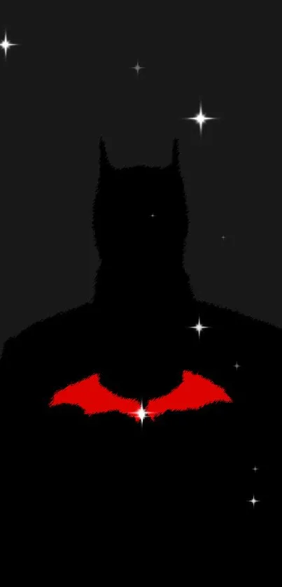 Dark superhero silhouette with red emblem on black background.