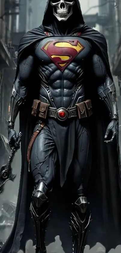 Dark superhero with a skull design in urban setting.