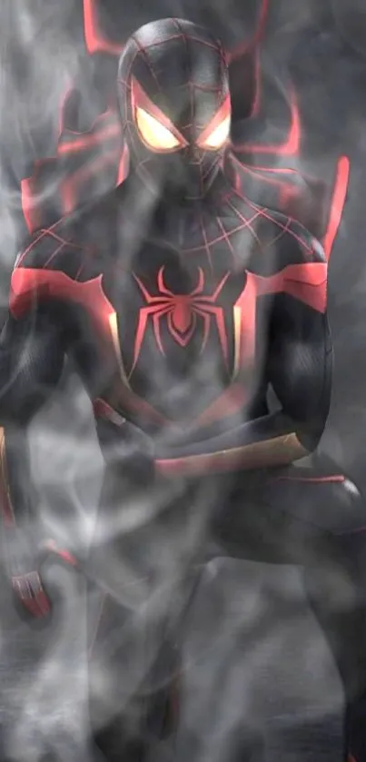 Dark superhero wallpaper with smoke and red highlights, perfect for mobile.