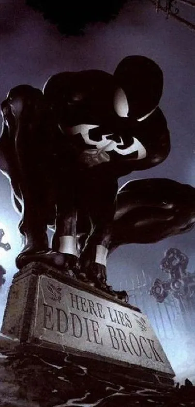 Dark superhero crouching on a tombstone in a cemetery scene wallpaper.