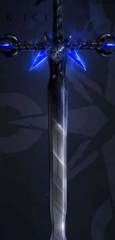 Dark mystical sword with blue lights on wallpaper.