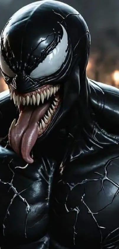 Dark symbiote creature with sharp teeth and menacing look.