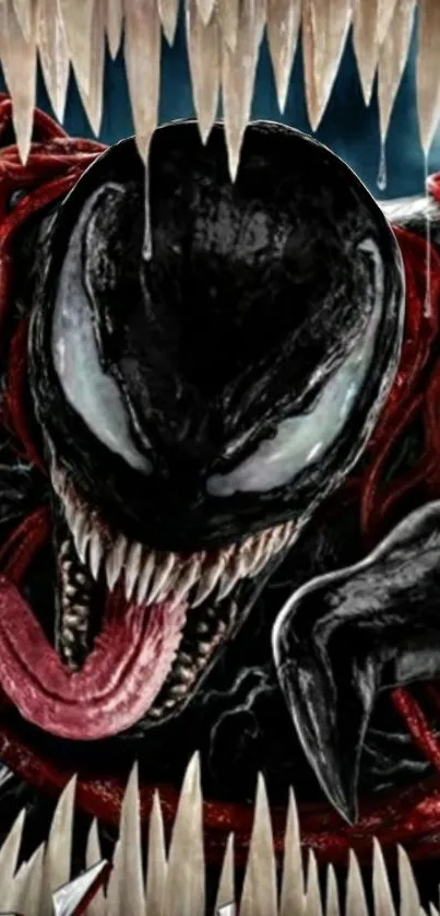 Dark symbiote monster with sharp teeth and intense design on mobile wallpaper.