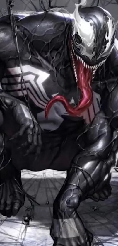 Dark symbiote character in an intense pose with dynamic details.