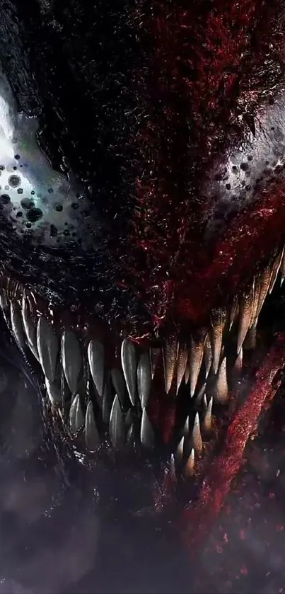 Dark symbiote face with sharp teeth and red-black contrast for mobile wallpaper.