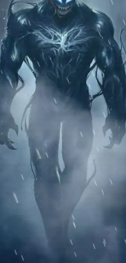 Dark symbiote stands powerfully amidst rain.