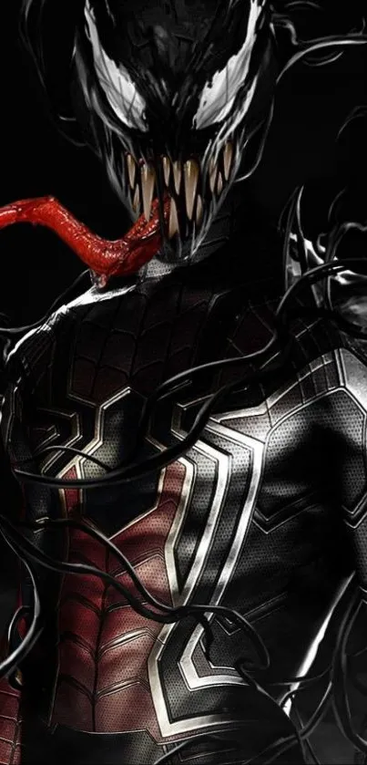 Dark symbiote character wallpaper with red accent and intricate details.