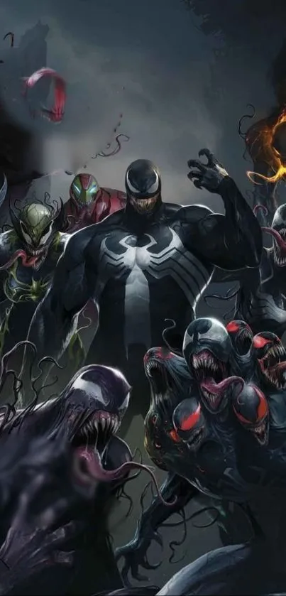 Dark symbiote characters in an action-packed mobile wallpaper.