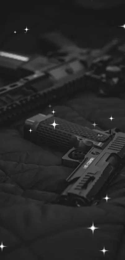 Dark themed wallpaper featuring tactical firearms.