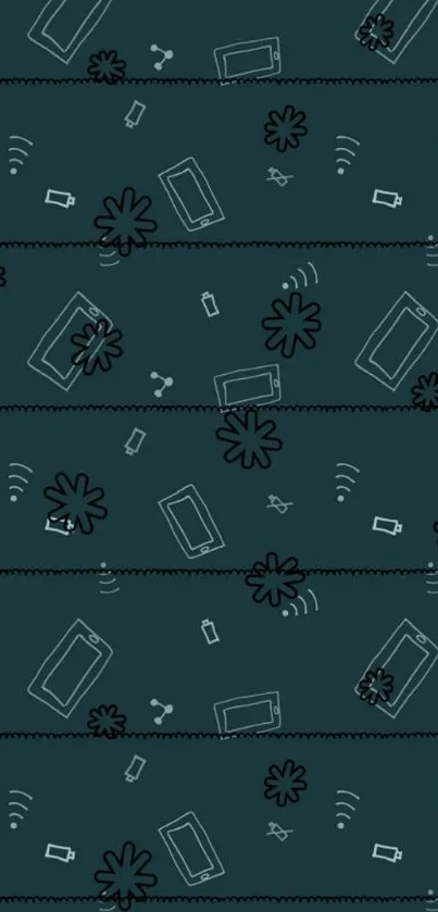 Dark-themed tech pattern wallpaper with gadgets and symbols.