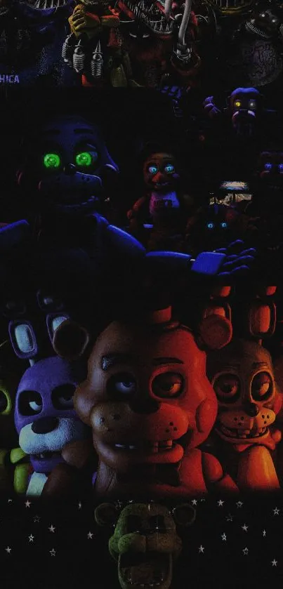 Creepy animatronic characters in a dark-themed wallpaper.