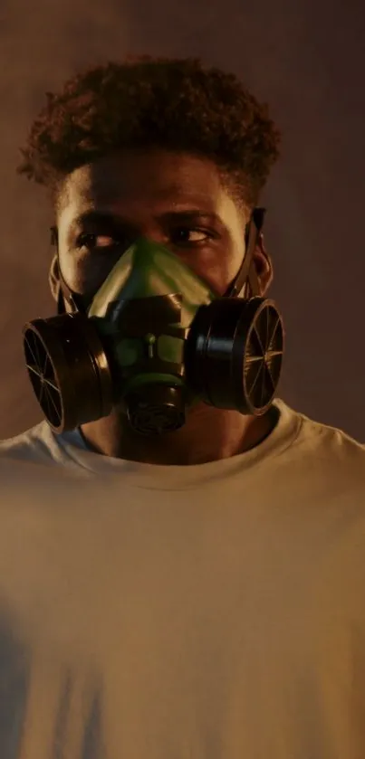 Portrait of a person in a gas mask with a dark, moody background.