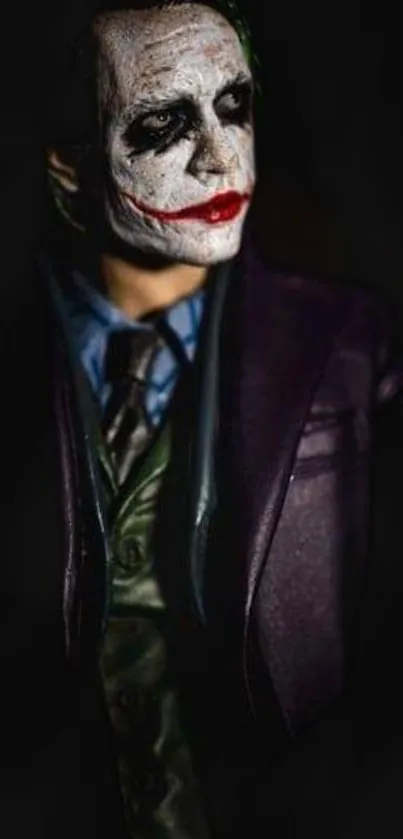 Joker in a dark suit with a moody, dramatic background.