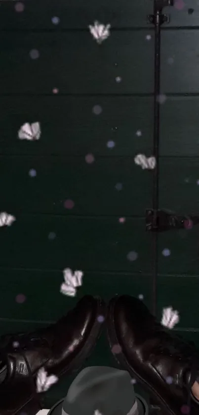 Dark shoes and butterflies on a green door.