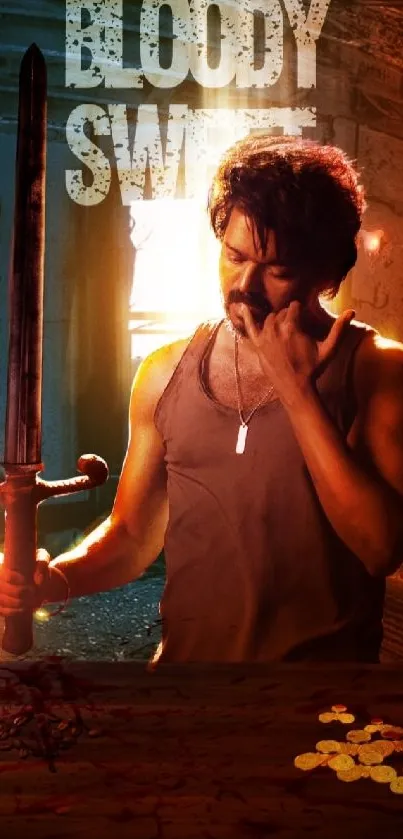 Warrior holding a fiery sword with coins and a dark backdrop.