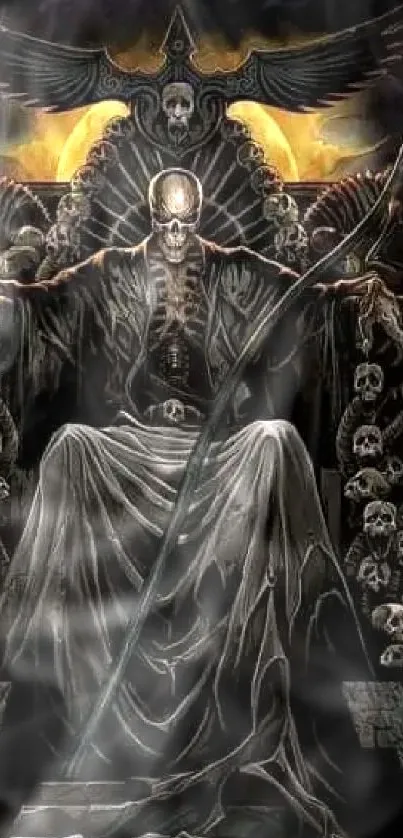 Eerie dark art wallpaper with skull throne and grim figure.