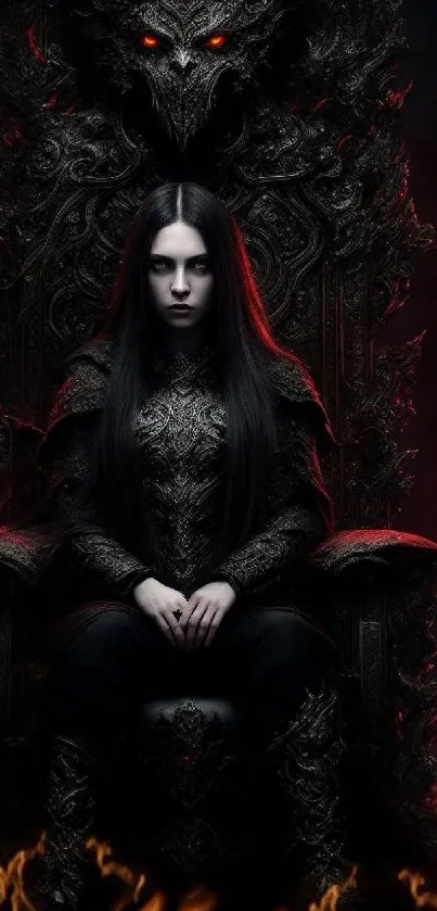 Dark figure on throne with fiery ambiance.