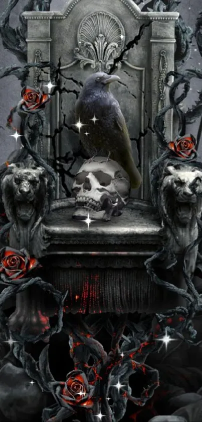 Dark throne with gothic elements like skull, raven, and roses on wallpaper.