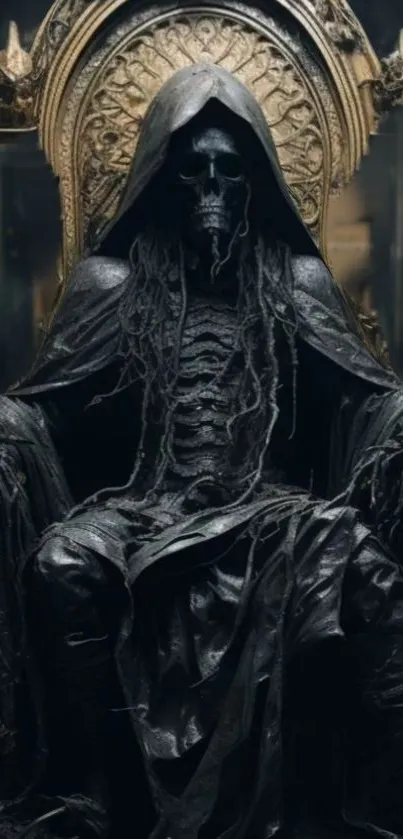 Dark skeletal figure on an ornate throne, creating a gothic and mysterious atmosphere.