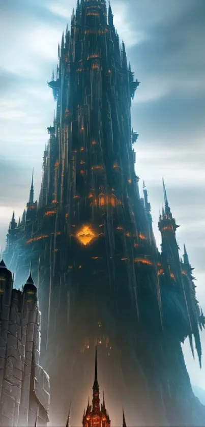 Dark fantasy tower rises in misty clouds.