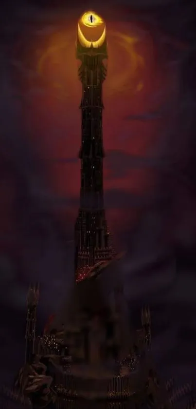 Dark fantasy tower with a mystical eye under a stormy sky.