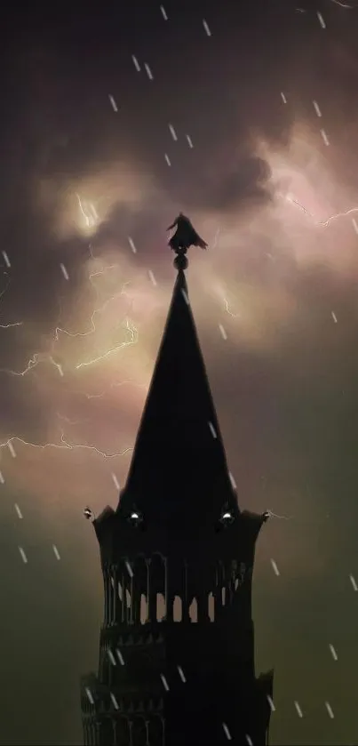 Dark tower silhouette with lightning and rain.