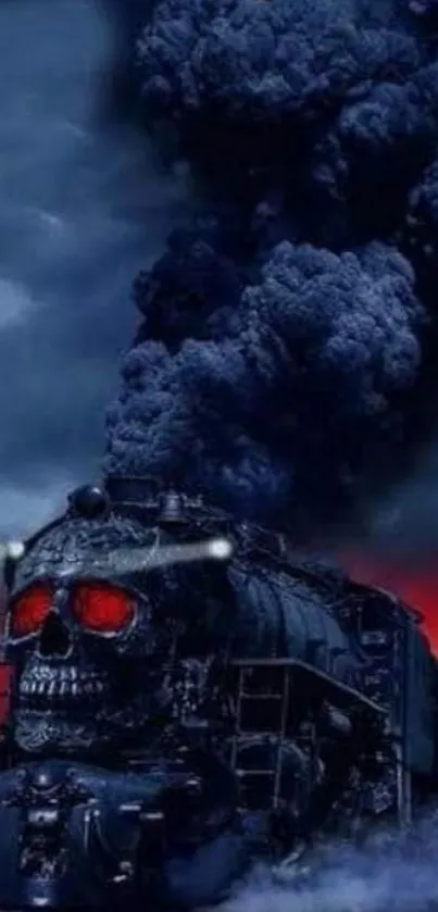 A dark train with a skull and red eyes, emitting thick smoke.