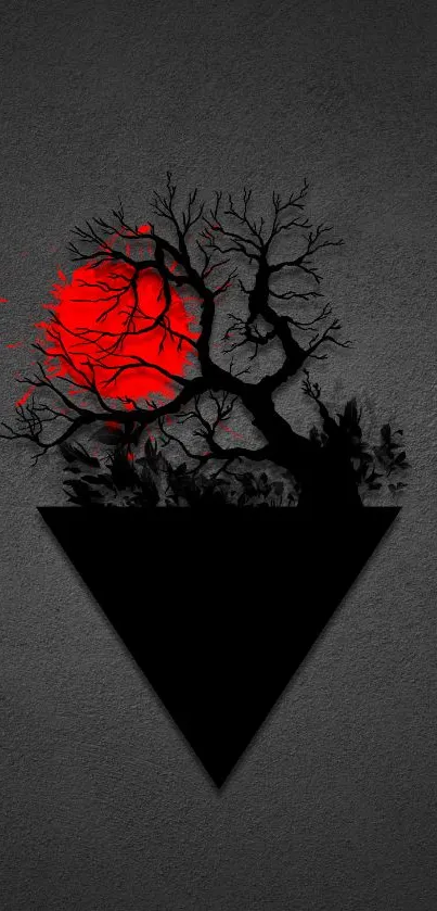 Dark tree against red sun on textured background.