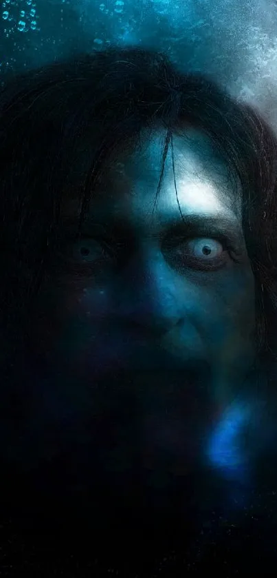 Eerie face in a dark, mysterious underwater scene with blue hues.