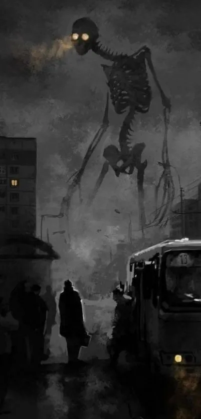 Dark urban fantasy wallpaper with giant skeleton.